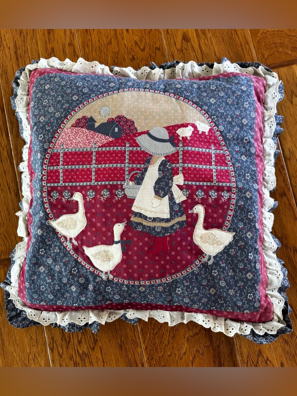 Vintage Throw Pillow Girl Feeding Ducks Geese Holly Hobbie Style Cottagecore
